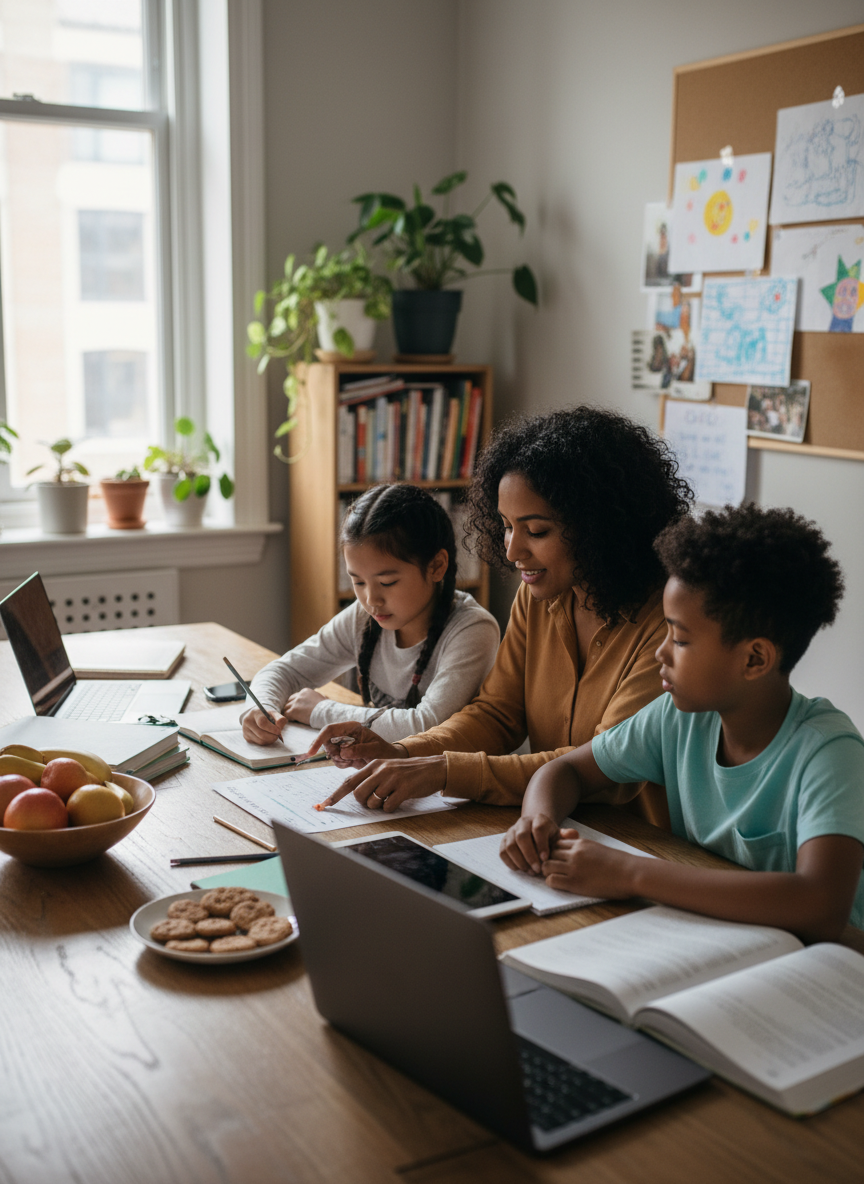 Mom and kids doing homework